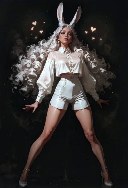 score_9, score_8_up, score_7_up,  1girl, silver hair, long hair, curly hair, hearts, viera, blue eyes, rabbit ears, standing, legs apart, white shirt, silk shirt, white shorts, full body, black theme, black background  <lora:pony/twilight_style:0.8> concept art, realistic  <lora:pony/expressiveh:0.8> expressiveH <lora:sdxl/sinfully_stylish_sdxl>