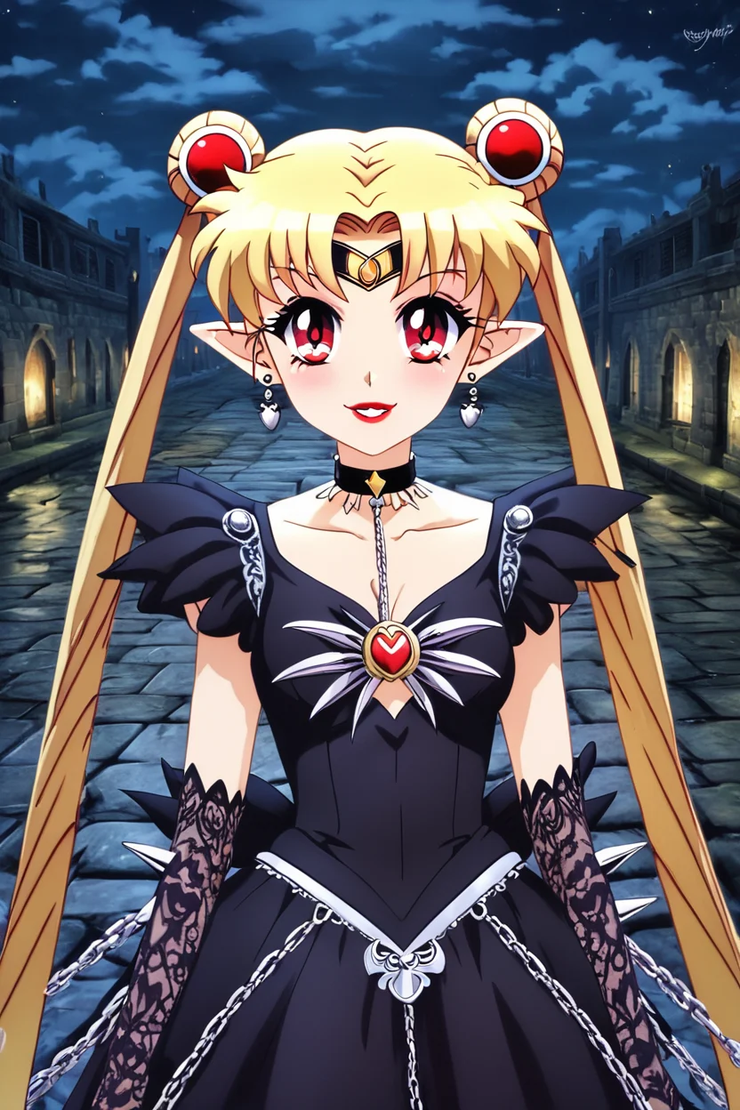 score_9, score_8_up, score_8, medium breasts, (curvy), cute, eyelashes, BREAK, , ,,, <lora:CruelMoon_PDXL:0.8>, zzCruelMoon, long hair, twintails, tsukino usagi, blonde hair, jewelry, hair bun, double bun, sailor moon, very long hair, choker, chain, spikes, gothic, parted bangs, red eyes, earrings, dress, makeup, holding, necklace, lipstick, black dress, pointy ears, night, ,,, , BREAK, (warm colors), smile, looking at viewer, cowboy shot, ,,, embedding:zPDXL, Expressiveh, ,,, <lora:PrismaIllya_PDXL_v3:1.0>, <lora:SDXLFaeTastic2400:0.5>, <lora:Expressive_H-000001:0.4>,