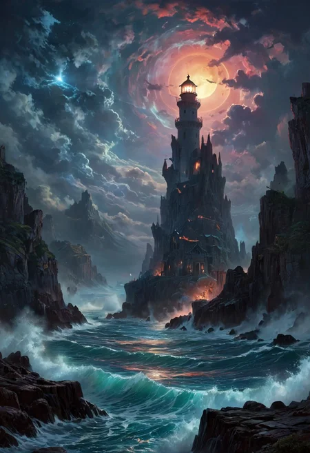 Under the eerie glow of a full moon, a dark and ominous landscape unfolds. A vibrant, colorful ship stands by the edge of a serene ocean, its vivid hues contrasting starkly with the foreboding atmosphere. In the background, a lighthouse stands atop jagged rocks, its light cutting through the darkness and reflecting off the ocean's surface, glistening in the moonlight. Thick, swirling clouds loom overhead, adding to the sense of an evil presence. The moonlight filters through the clouds, casting an otherworldly glow over the scene. A falling star streaks across the sky, adding a touch of mysticism to the night. The air is thick with a sense of ancient secrets and dark magic, as if the very night is alive with hidden power. romantic impressionism,dream scenery art,beautiful oil matte painting,romantic,style of thomas kinkade,beautiful digital painting,anime landscape,romantic painting,dreamlike digital painting,colorful painting,beautiful gorgeous digital art,style of greg rutkowski,janek sedlar,jenny saville