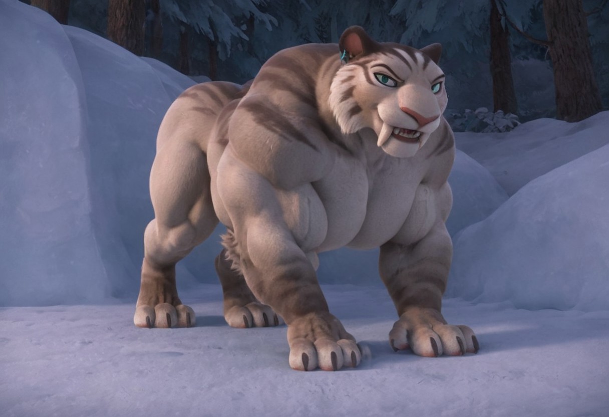 Muscle, bigger_muscles, large_muscles, hyper_muscles, huge_muscles,hyper muscles, huge_muscles, biceps, sassier, hot, larger_biceps, muscle_fur, Furry muscles growth,Furry hyper muscles biggest, enormous_muscles, huge_biceps, huge_pecs; huge_muscles, gigantic_muscles, flexing her pecs, score_9, score_8_up, score_7, score_6_up, score_5, 
snow and ice and forest walls in background, solo,
<lora:J_cartoon:0.6>
 <lora:Furry_Lora_Shira_Ice_Age:0.6>
BREAK
(shira:1.2, saber-tooth tiger),  fangs, green eyes, ice age, furry body, silver-grey fur with black stripes, 
smiling at viewer