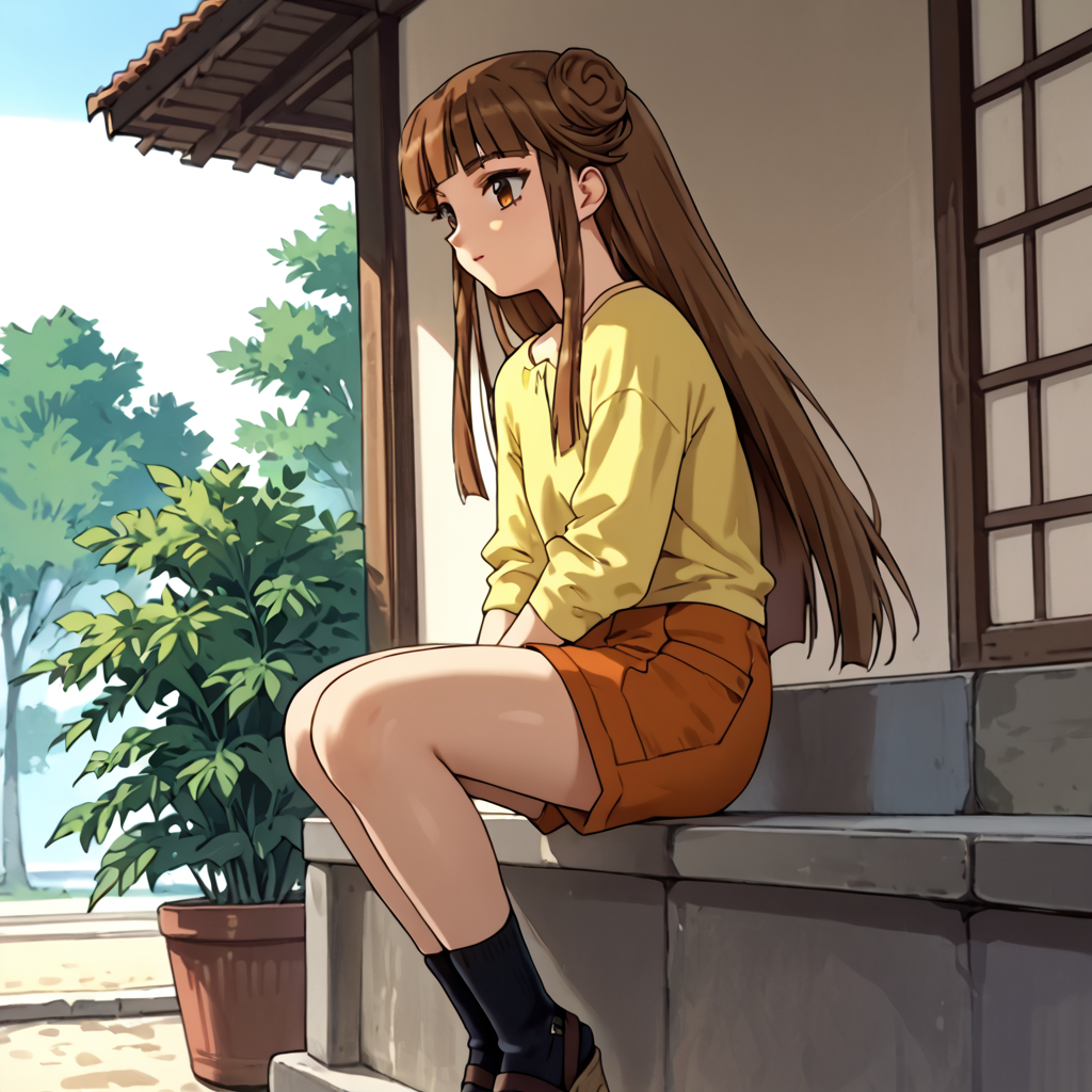anime colouring, score_9, score_8_up, score_7_up, score_6_up, outdoors,  <lora:Uruka_Sumeragi_ç_ããã_-_Steel_Angel_Kurumi_2_é¼éå¤©ä½¿ããã¿2å¼:1> uruka sumeragi, uruka, 1girl, solo, brown hair, long hair, blunt bangs, side locks, double bun, brown eyes, Outfit-A, Yellow shirt, long sleeves, Shorts, Orange Shorts, Socks, sandals,
