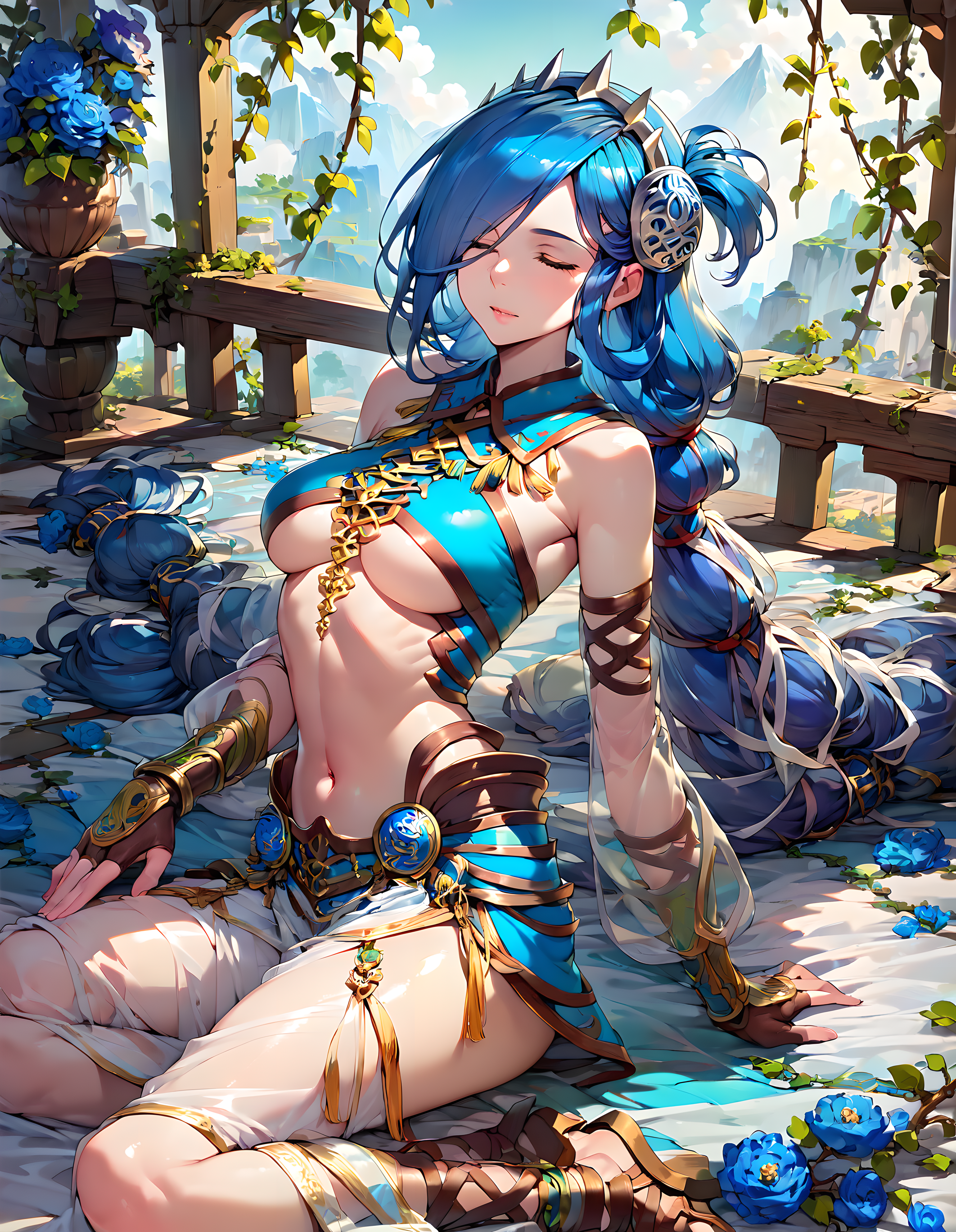 <lora:pony_xl_dana:0.9>,dana,score_9,score_8_up,score_7_up,source_anime,1girl,solo,hair over one eye,shiny hair,midriff,underboob,navel,bracer,transparent sleeve,shiny,fingerless gloves,transparent hem,closed eyes,sitting,full body,flower,plant,blue flower,vines,
