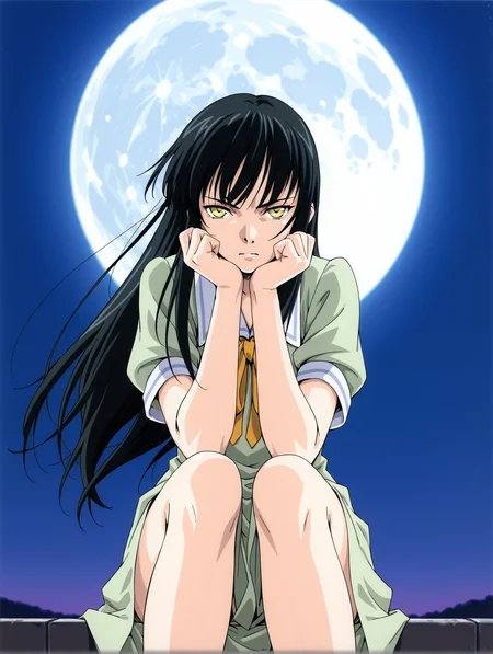 <lora:interlude-v2:0.8> w47sug1, 1girl, solo, sitting, sky, moon, sailor dress, close-up, looking at viewer, serious