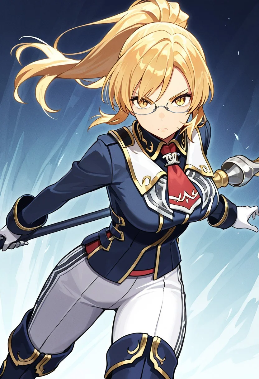 (score_9, score_8, score_7),masterwork, masterpiece, best quality, blonde hair, ponytail, glasses, sharp eyes, serious expression, navy blue military uniform, gold trim, white high-waisted pants, red ribbon necktie, silver brooch, armored gloves, long-sleeved jacket, high boots, vertical stripe pattern pants, dark blue boots with gold edges, white gloves, staff weapon,dynamic pose,dynamic angle