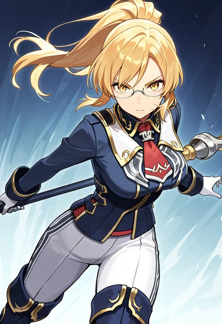 (score_9, score_8, score_7),masterwork, masterpiece, best quality, blonde hair, ponytail, glasses, sharp eyes, serious expression, navy blue military uniform, gold trim, white high-waisted pants, red ribbon necktie, silver brooch, armored gloves, long-sleeved jacket, high boots, vertical stripe pattern pants, dark blue boots with gold edges, white gloves, staff weapon,dynamic pose,dynamic angle