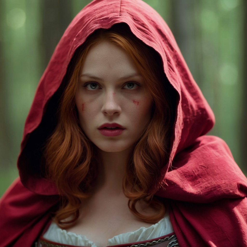 cinematic film still of  <lora:Little Red Riding Hood:1.2> Cinematic Film Scene
Little Red Riding Hood a woman with red hair and red armor on with face full of scars, shallow depth of field, vignette, highly detailed, high budget, bokeh, cinemascope, moody, epic, gorgeous, film grain, grainy