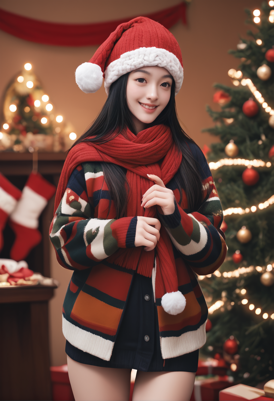 1girl,,ruanyi1386,beanie,striped clothes,red scarf,christmas,standing,thigh gap,christmas tree,blurry background,smile,<lora:1386 christmas_v1_pony:1>, score_9,score_8_up,score_7_up,,8k,solo,,
