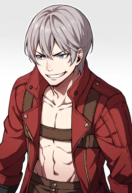 score_9, score_8_up, score_7_up, source_anime BREAK 1boy, solo,
<lora:zs_AwakeningPortraitsXL:1> awakeningportraits, portraits, white background
<lora:dmc3_dante_ponyXL:1> dmc3dante, grey hair, bangs, blue eyes, red coat, bandeau, fingerless gloves, pants, grin, plain background