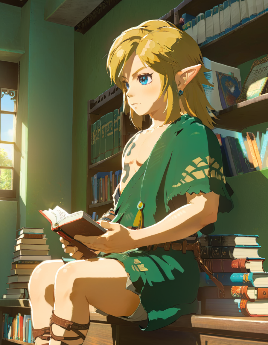 anime artwork cartoon of 1boy like totklink wearing zonai dress,tattoo, single bare shoulder, short blond hair,sitting,reading a book ,solo,indoors,leaning on bookshelf,
detailed background, sunny day, highly detailed, volumetric, dramatic lighting . anime style, key visual, vibrant, studio anime,  highly detailed <lora:xl_totkl:0.85> single bare shoulder, tattoo
