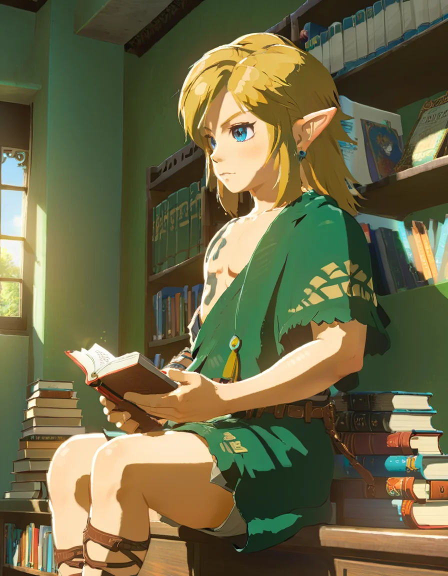 anime artwork cartoon of 1boy like totklink wearing zonai dress,tattoo, single bare shoulder, short blond hair,sitting,reading a book ,solo,indoors,leaning on bookshelf,
detailed background, sunny day, highly detailed, volumetric, dramatic lighting . anime style, key visual, vibrant, studio anime, highly detailed <lora:xl_totkl:0.85> single bare shoulder, tattoo