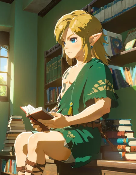 anime artwork cartoon of 1boy like totklink wearing zonai dress,tattoo, single bare shoulder, short blond hair,sitting,reading a book ,solo,indoors,leaning on bookshelf,
detailed background, sunny day, highly detailed, volumetric, dramatic lighting . anime style, key visual, vibrant, studio anime, highly detailed <lora:xl_totkl:0.85> single bare shoulder, tattoo