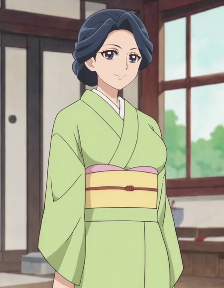 score_9, score_8_up, score_7_up, anime screencap, solo,1girl, sawaizuminao,japanese clothes, green kimono, looking at viewer, obi, smile,large breasts,huge ass,cowboy shot<lora:sawaizuminao_pony:0.8>