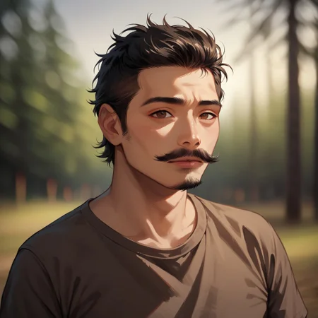 (((detailed, beautiful, high quality))), score_9, score_8_up, score_7_up, upper body,
(depth of field, dynamic lighting),
human,
1 male, asian appearance, brown eyes, black hair, mustache and goatee, brown T-shirt,
looking at the viewer, posing, 
blurred background, fantasy background, dark background, forest,
