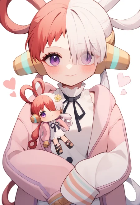 score_9,score_8_up,score_7_up,<lora:uta_(one_piece):1>,0_0, 0w0, 1girl, black_hair, blush, character_doll, chibi, closed_mouth, commentary, flower_brooch, hair_between_eyes, hair_over_one_eye, hair_rings, heart, holding, long_sleeves, looking_at_viewer, pink_jacket, purple_eyes, simple_background, sleeves_past_fingers, solo, split-color_hair, translated,two-tone_hair, uta_\(one_piece\), very_long_hair, voice_actor_connection, white_background, white_hair