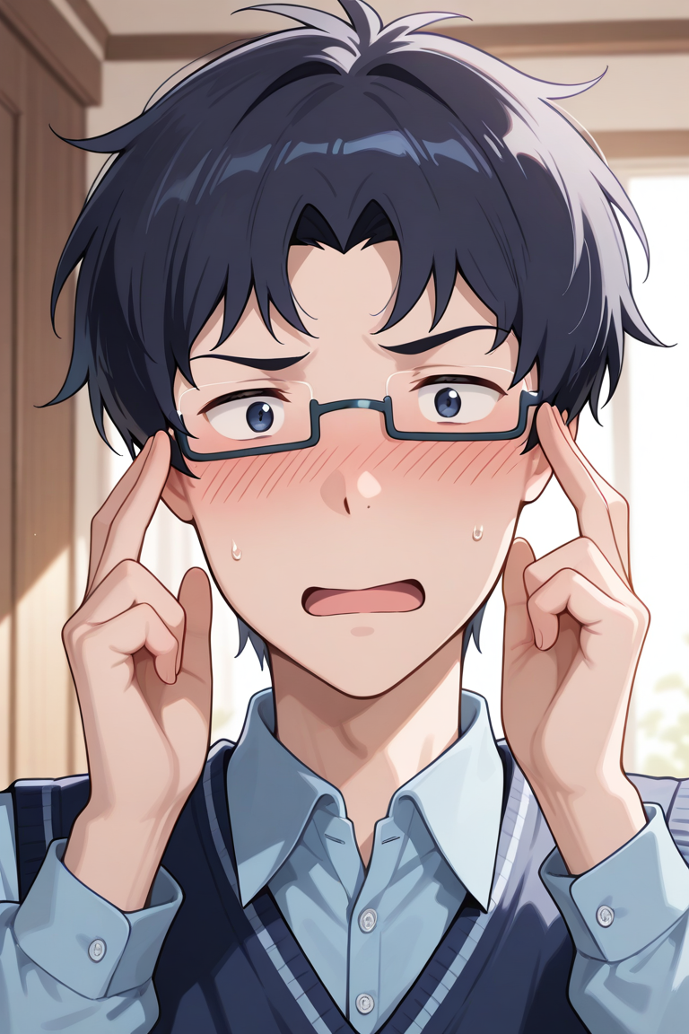 masterpiece, absurdres, newest, perfect quality, best quality, absolutely eye-catching, amazing quality, very aesthetic, high resolution, ultra-detailed, 1boy, male focus, solo, joe_kido_tri, dark blue hair, dark blue eyes, glasses, under-rim eyewear, collared shirt, sweater vest, looking at viewer, flustered, open mouth, adjusting eyewear, indoors, detailed background, volumetric lighting, vibrant colors, close-up
