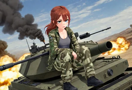 <lora:Molly_MacCormack:.7>,soldier,cargo pants,camo jacket,(angry determination)tank commander, riding in a tank,sticking out top of tank, gunner