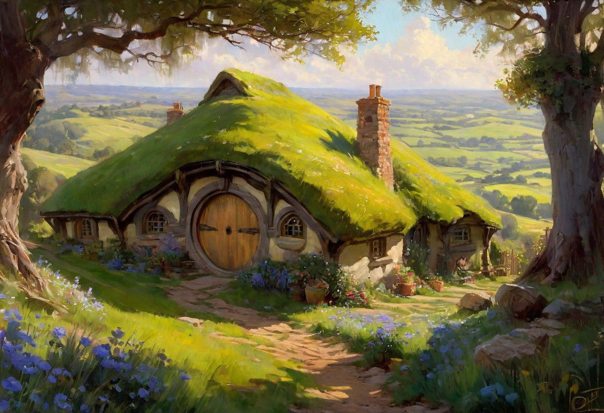 breathtaking The Shire by daniel f gerhartz, hyper detailed, masterpiece, (impressionist gouache oil on canvas painting:1.25), hyper detailed, best quality, high resolution, 8k . award-winning, professional, highly detailed, ~*~aesthetic~*~