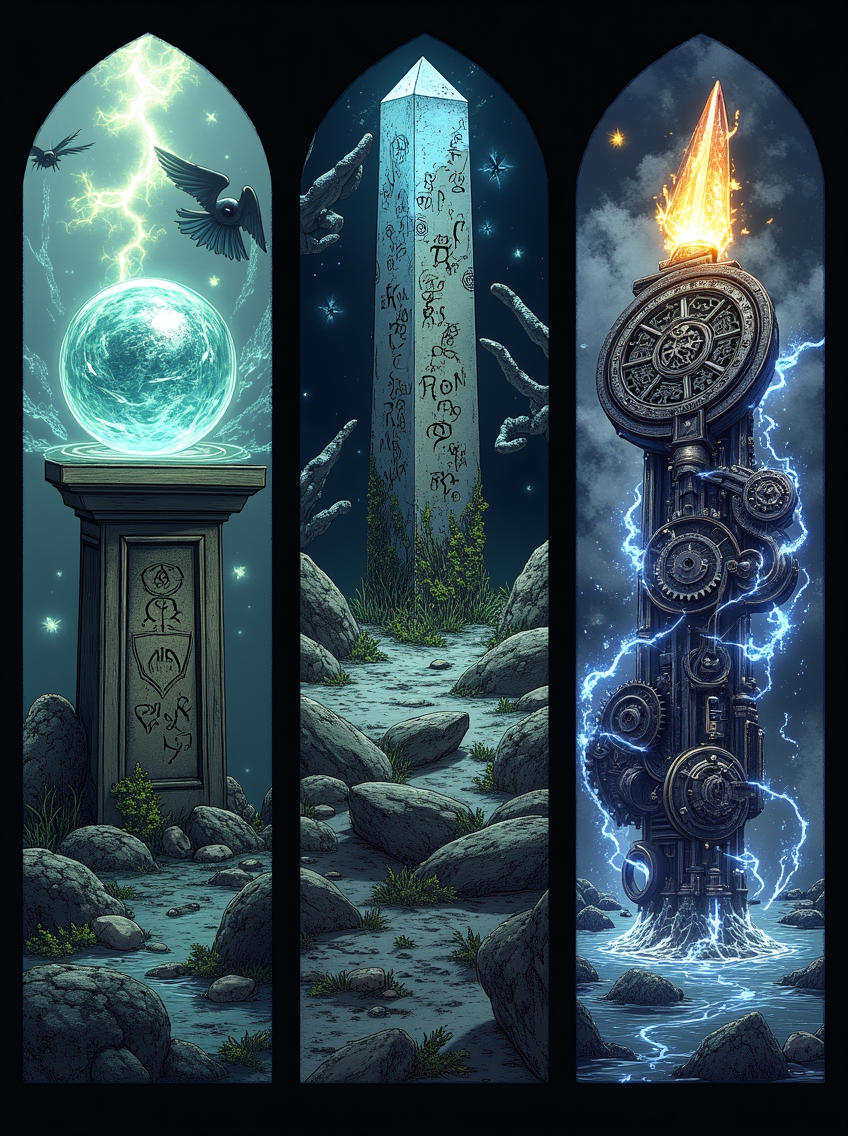 newfantasycore. 
This image is split into three triangular sections, each containing a different relic. In the first triangle, show an ancient glass orb resting on a pedestal, swirling with water that moves like time itself. Glowing runes circle the orb, and spectral hands emerge from the ground, reaching toward it. An all-seeing eye hovers above, watching intently.

In the second triangle, depict a weathered obelisk covered in seaweed and coral. Ancient celestial inscriptions glow faintly along its surface, and a large crystal pulses with eerie light at the top, casting an otherworldly glow.

In the third triangle, illustrate a massive clockwork device with intricate gears, surrounded by swirling arcane energy. The energy distorts the space around it, creating a sense of dark, time-warping magic.