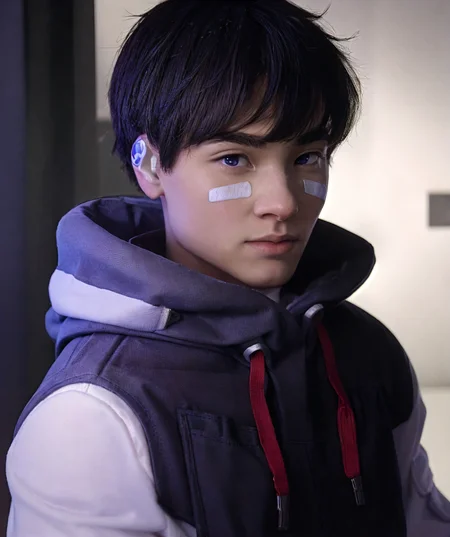 iso_valorant, standing, looking at viewer, jacket, hoodie, long pants, bandaid on face, short black hair, sci-fi base, base <lora:Iso-15:0.85>