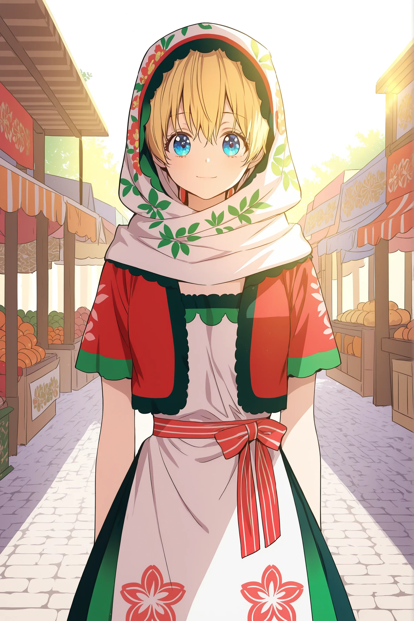 masterpiece, best quality, absurdres, high quality, detailed illustration, vibrant colors, redjacketfolk, 1girl, solo, athanasia, blonde hair, blue eyes, folk costume, headscarf, hood, patterned headwear, headwear, red jacket, short sleeves, vest, floral trim, apron, white apron, embroidered apron, red motif, floral motif, green trim, sash, belt, striped sash, looking at viewer, slight smile, warm expression, sunlight, outdoors, market scene, detailed background, dynamic lighting, cowboy shot