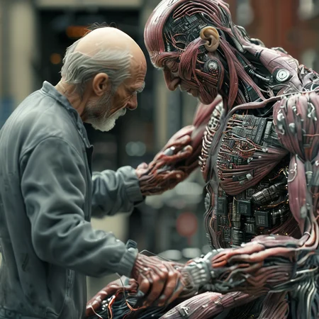 cyberanatomy old street sculptor artist in cyborg city working on a piece, very detailed, photorealistic, dark and expressive, cinematic<lora:cyberanatomy:1>