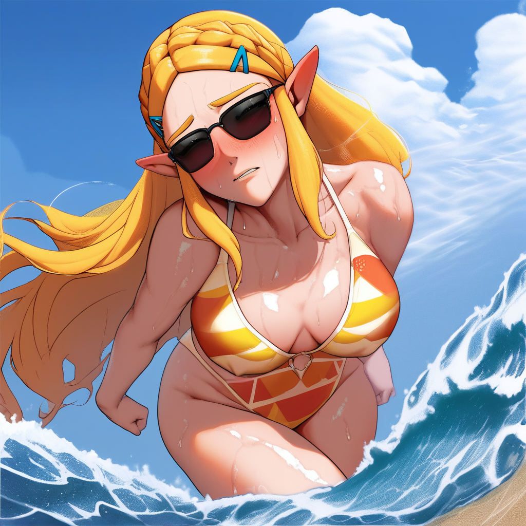 source_anime, colorful, score_9, score_8_up, score_8, 1girl, Princess Zelda, N44V5STYL3V1, BREAK, 1woman, long hair, milf, (detailed face), (detailed skin), detailed eyes, curvy, perky breasts, swimsuit, sunglasses, flushed skin, blushing, shiny skin, sweat, beach, sand, waves, water, sunlight