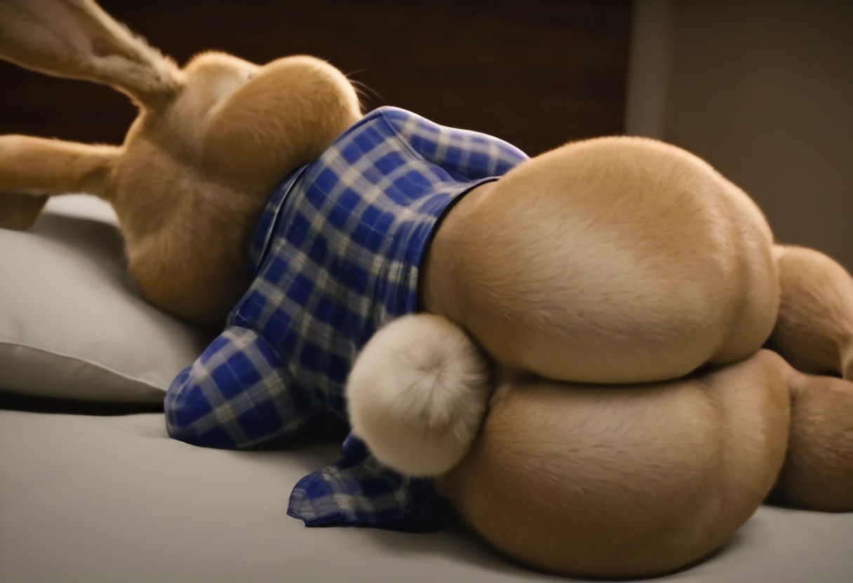 EB, Bunny, Male, 3D, bedroom, CGI, detailed fur, 4K, solo, 1boy, plaid blue jacket, feral, best quality, high quality, absurd res, detailed, bunny tail, bed, lying on bed, lying on side, back view, from behind, facing away, plump butt, bubble butt, butt cheeks, fat ass, huge ass, thicc butt, booty,