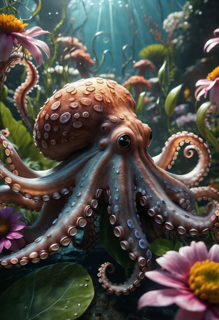 best quality,high resolution,extremely detailed,8k,dynamic angle, unreal 5 engine,creative,unconventional cinematic realism demonstration masterpiece inspired by floral nature,huge busy scene with an octopus