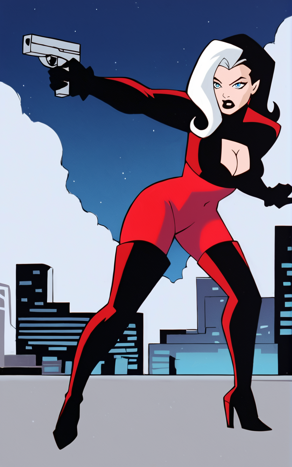 score_9, score_8_up, score_7_up,((best quality)), absurdres, ((full body)), <lora:BolivanteStyle:0.8>, <lora:LBBPXL:0.8>,LBBPXL,split-color hair, red bodysuit, black bodysuit, black hair,long hair,thighhighs, gloves, cleavage, white hair, multicolored hair, boots, high heels, two-tone hair, clothing cutout, bodysuit,makeup, thigh boots, cleavage cutout, lipstick, high heel boots, black lips, long sleeves, black sleeves, blue eyes, action pose, holding gun, city, outside, night