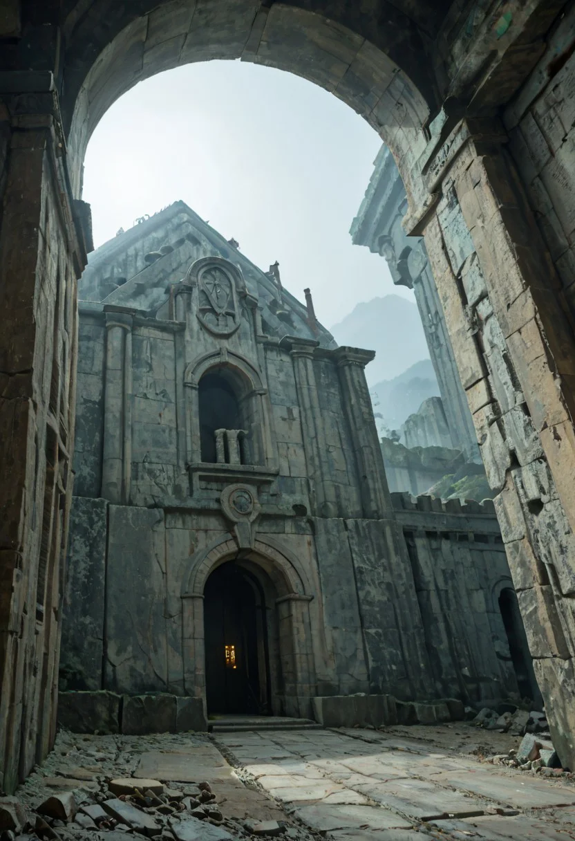 score_9, score_8_up, giant stone maze, cold fog, shifting walls, close up shot of a lost black cat, ancient crumbling corridors, whispering wind, dark shadows, moonlit mist, hidden traps, ominous statues, vanishing doors, bone piles, large stone walls,