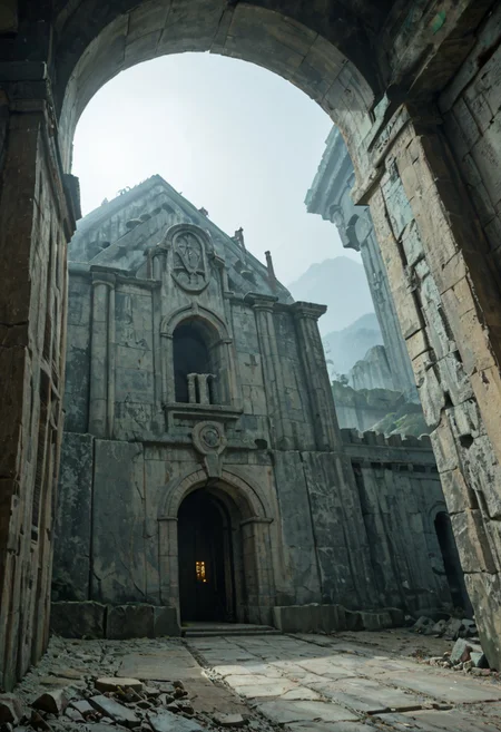 score_9, score_8_up, giant stone maze, cold fog, shifting walls, close up shot of a lost black cat, ancient crumbling corridors, whispering wind, dark shadows, moonlit mist, hidden traps, ominous statues, vanishing doors, bone piles, large stone walls,
