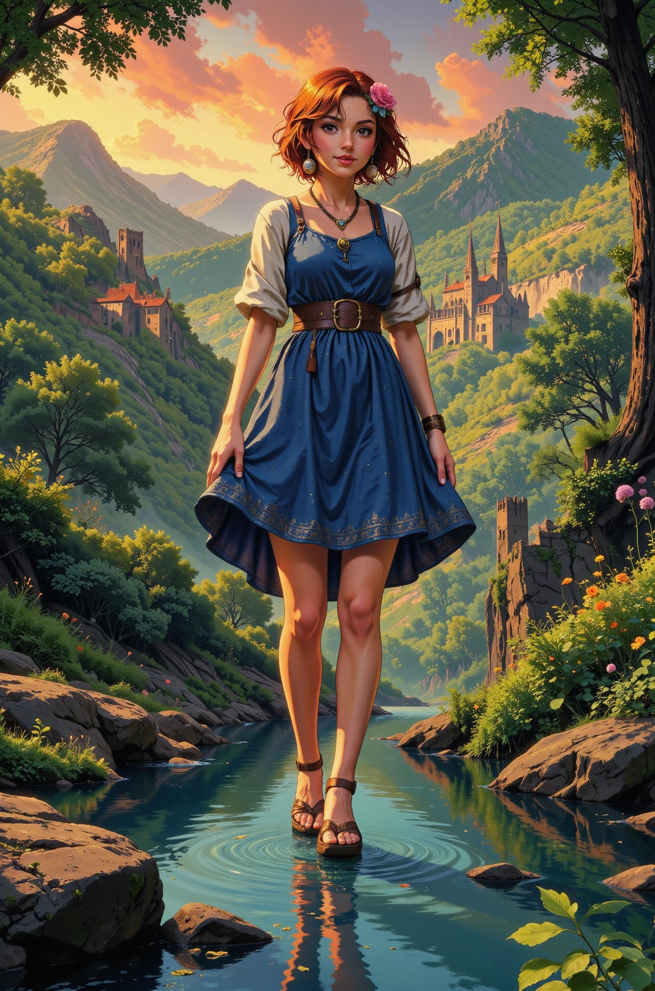 pixie bob auburn hair young woman, druid, anime, illustration, extremely detailed, portrait, standing, happy smile, flower in hair, glossy lipstick, celtic necklace, huggie earrings, loincloth, sandals,  Electric Blue druid short dress, legs, sharp focus, fantasy, celtic landscape, small rock, moss, ripples, reflections, celtic  castle, small river pond, druid forest, druid village, stunning nature environment, enchanted land, clovers, Bright Hunter Green flowers, best quality, colorful, wet floor, bright sunny sky, sunset, raytracing, hdr, high contrast, ethereal natural lights, backlight, lens flare, shadows, vibrant colors, colorful, pretty, beautiful, happy, smiling, feminine, sexy, lovely, in love, adorable, fashion,  <lora:Hand v2:1> <lora:Anti-Blur:1><lora:Insane Detail Slider:0.5>  <lora:flux.1_lora_flyway_Epic-detail_v2:0.3><lora:fluxenhancer:0.5> <lora:RetroAnimeFluxV1:0.4> <lora:Luminous_Shadowscape:0.4> <lora:SujatmikoArafuru_Flux:0.2> Suzume style