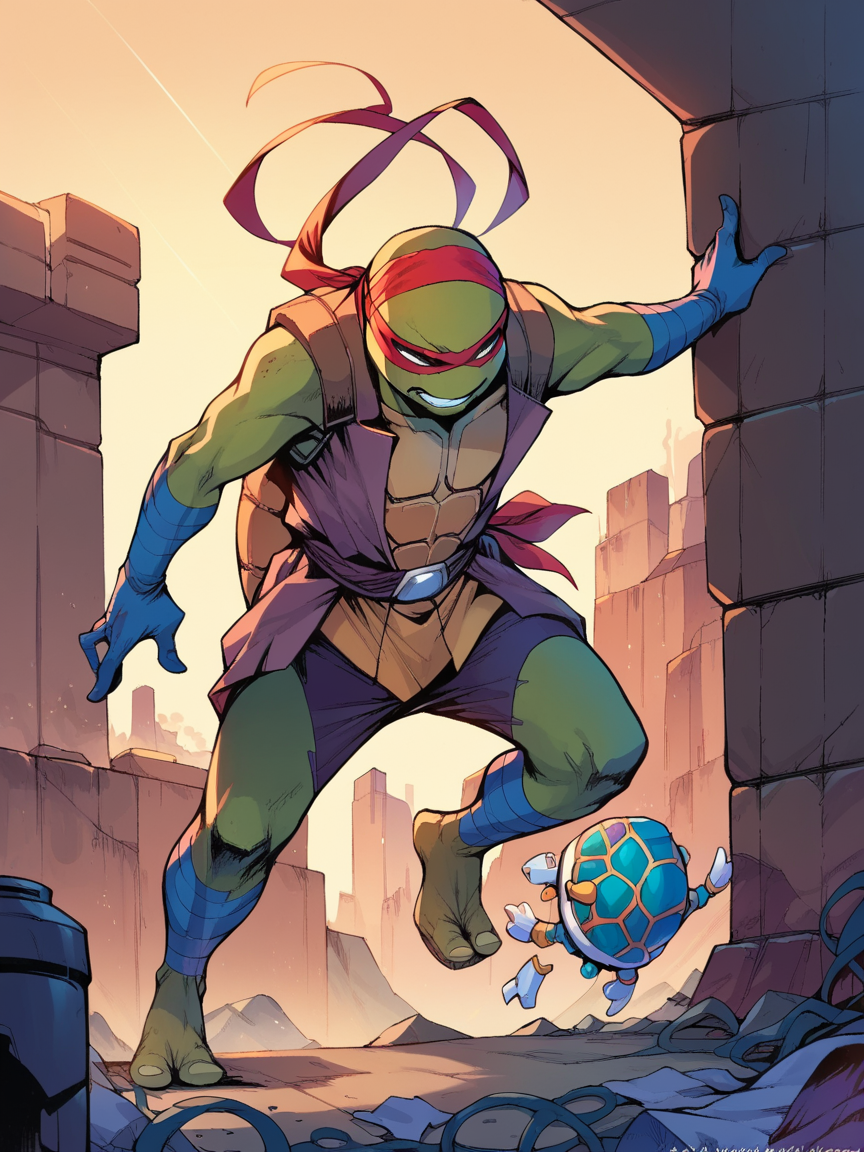score_9, score_8_up, score_7_up, score_6_up,  <lora:r0n1nXLP:1> r0n1n, science fiction, ninja turtle, 1boy
