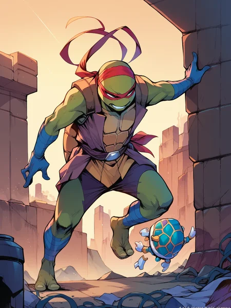 score_9, score_8_up, score_7_up, score_6_up, <lora:r0n1nXLP:1> r0n1n, science fiction, ninja turtle, 1boy