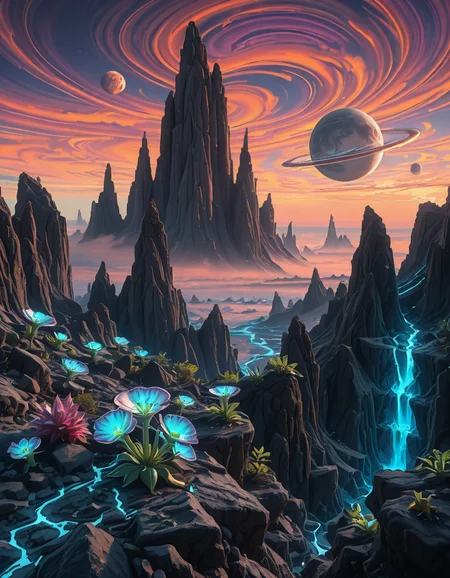A breathtaking alien planet with a surreal and otherworldly landscape. The terrain is vast and diverse, featuring towering jagged rock formations with glowing bioluminescent veins running through them. The ground is covered in a mix of iridescent sand and patches of strange, luminescent plant life that emit a soft, pulsating glow. In the distance, a massive gas giant with swirling colorful clouds dominates the sky, accompanied by multiple moons of varying sizes. The atmosphere is thick with misty, swirling vapors, casting an ethereal glow over the horizon. Floating islands hover in the sky, defying gravity, with cascading waterfalls that vanish into the mist below. Strange, spire-like structures—either natural formations or remnants of an ancient civilization—rise from the landscape, adding a sense of mystery. The sky is a mesmerizing blend of deep purples, blues, and fiery oranges, with twin suns casting dramatic, elongated shadows. The scene is immersive, evoking a sense of wonder and discovery on an uncharted alien world.
<lora:SDXLFaeTastic2400:0.4> <lora:extremely_detailed:0.4> extremely detailed, <lora:alien_pl4n3t-ill:1>,alien pl4n3t, Masterpiece,best quality,hi res,8k,hi res,8k,award winning,(sharp focus, intricate, highly detailed),