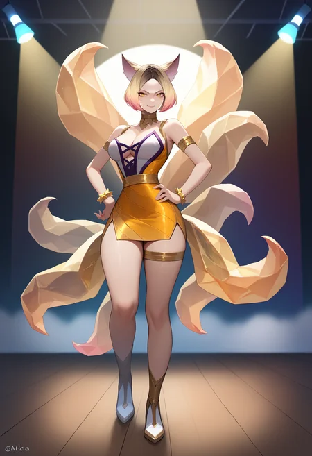 score_9, score_8_up, score_7_up, ahrikdaap, animal ears, facial mark, fox tail, multiple tails, multicolored hair, short hair, blonde hair, yellow eyes, large breasts, jewelry, bracelet, choker, short dress, bare shoulders, cleavage, thighlet, <lora:Ahri_KDAPE_pdxl_Incrs_v1:1>, full body, stance, seductive smile, stage, stage lights, hand on own hip, finger heart, thick thighs,