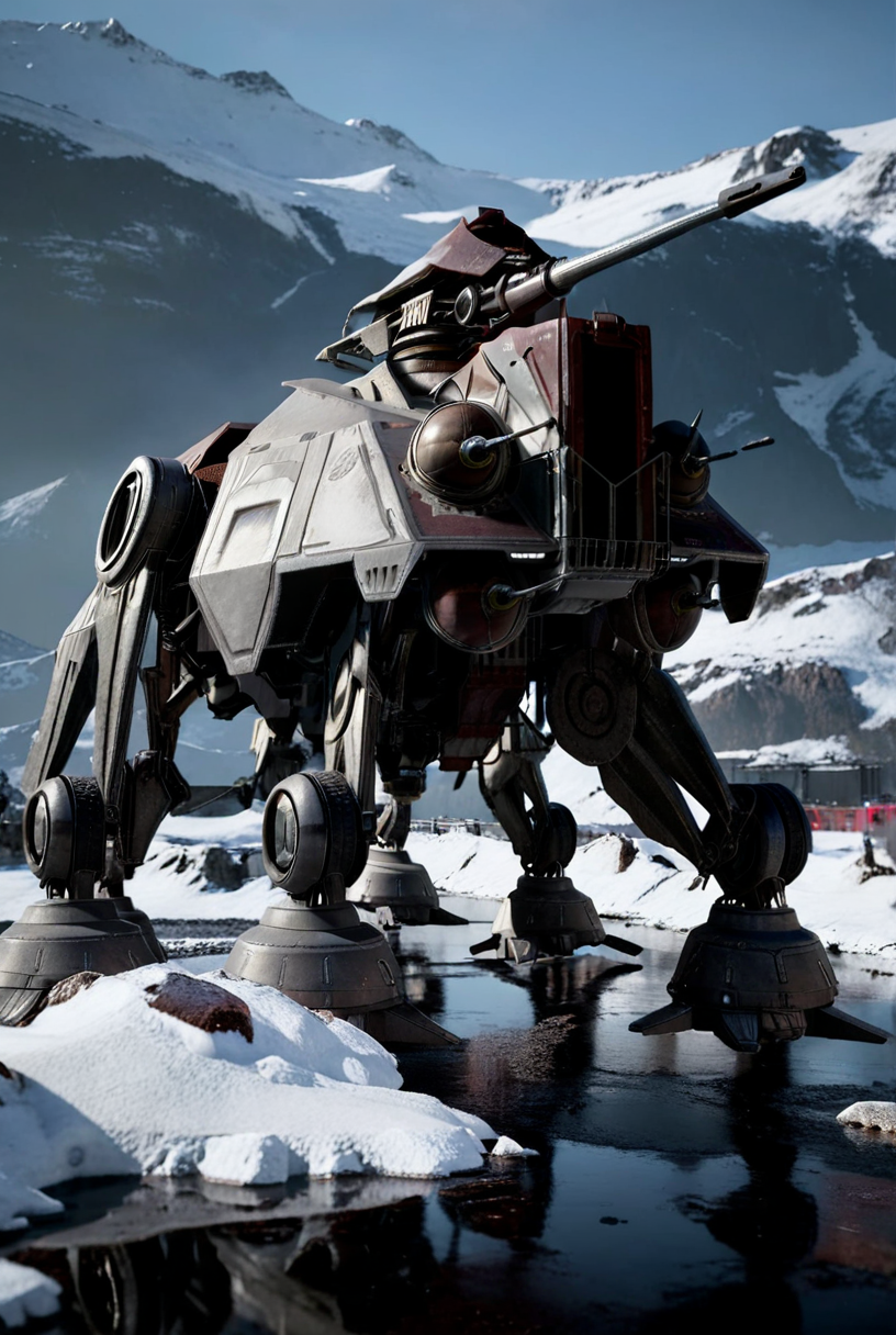 7-ATTE, at-te, dark lighting, snow, mountains  [walker, mecha, giant, field of view, accurate proportions, sharp image]  [reflections, accurate lighting, shadows, realistic, high quality photo, 4k, hd, smooth metallic surfaces, render, cgi]