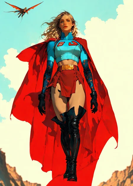 realistic, ink art, flat colors, watercolors, ink art, painterly, full body,
masterpiece, best quality, amazing quality, highres, absurdres, very aesthetic, very awa,expert shading,3l3ganc3, 1girl, 20 yo, adult woman, 3l3ganc3, newsupergirl, 1girl, blonde hair, long hair, blue eyes, crop top, cape, midriff, red skirt, thigh boots, sky background, flying, looking at the viewer, masterwork, masterpiece, best quality, dynamic lighting, detailed, depth of field, dynamic lighting, <lora:_Elegence_Ink_svd_linear:1.3> <lora:eternal_brush_Illustrious:0.65> <lora:Elegence_Niji:0.4>