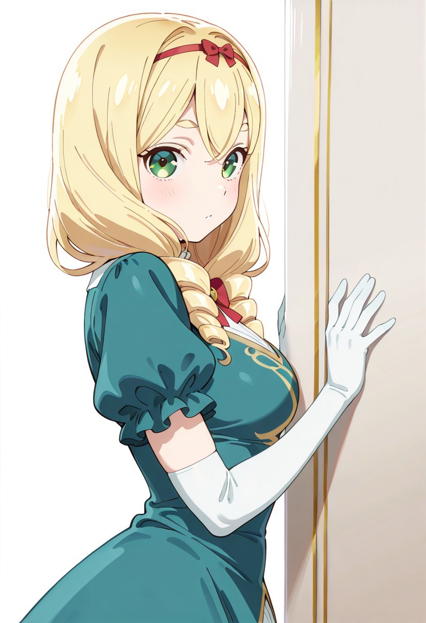 masterpiece, best quality, amazing quality,
(cowboy shots:1), white background, solo, looking at viewer, white background
roanna_fontaine, long_hair, blonde_hair, hairband, twin_drills, green_eyes, red_bow, green_dress, short_sleeves, puffy_sleeves, elbow_gloves, white_gloves