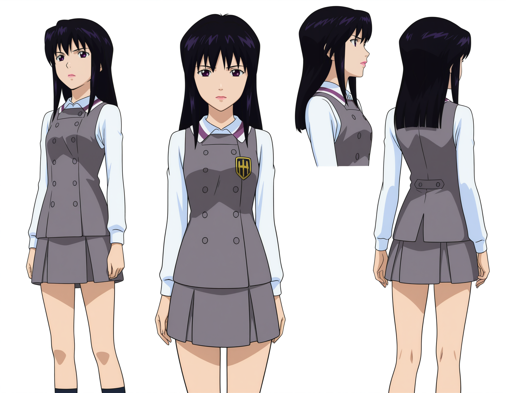 masterpiece, best quality, amazing quality, highres, absurdres, very aesthetic, high resolution, ultra detailed, perfect details,anime coloring, simple background,white background,
(model sheet),
<lora:ILL_YehlShizno_lion_e5:1> yehlgrsu, lipstick,purple eyes, long hair,bangs, skirt, shirt, black hair, long sleeves, school uniform,white shirt, collared shirt, miniskirt, vest, buttons, grey skirt, grey vest,pinafore dress,