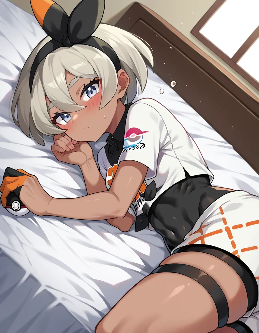 score_9, score_8_up, score_7_up, source_anime,
pokemonbea, <lora:pokemon-bea-ponyxl-lora-nochekaiser:1>
pokemonbea, blue eyes, dark skin, dark-skinned female, grey hair, hair between eyes, short hair, ribbon, hair ribbon, hairband, black ribbon, black hairband,
bodysuit, covered navel, shorts, single glove, glove, crop top, white shirt, short sleeves, collar, white shorts,
indoors, bed, bed room, on side, blush, drunk,
looking at viewer, cowboy shot, dutch angle,