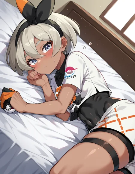 score_9, score_8_up, score_7_up, source_anime,
pokemonbea, <lora:pokemon-bea-ponyxl-lora-nochekaiser:1>
pokemonbea, blue eyes, dark skin, dark-skinned female, grey hair, hair between eyes, short hair, ribbon, hair ribbon, hairband, black ribbon, black hairband,
bodysuit, covered navel, shorts, single glove, glove, crop top, white shirt, short sleeves, collar, white shorts,
indoors, bed, bed room, on side, blush, drunk,
looking at viewer, cowboy shot, dutch angle,