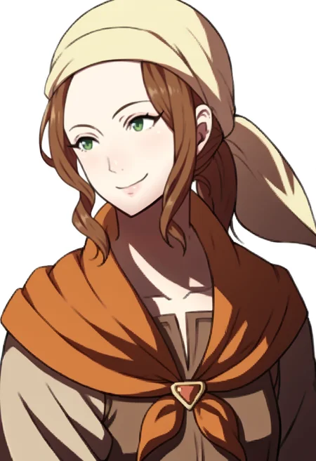 score_9, score_8_up, score_7_up, source_anime, BREAK solo, 1girl, <lora:zs_AwakeningPortraitsXL:1>, awakeningportraits, portraits, white background, <lora:Fates-villager-maiden-pdxl_Fp:1>, fatesvillagemaiden, ponytail, bandana, brown hair, green eyes, brown shirt, long sleeves, neckerchief, smile