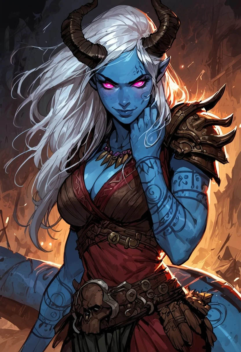 score_9, score_8_up, score_7_up, BREAK,
1girl, portrait, beautiful, beaver shaman, white hair, (long hair:1.3), side bangs, horns, barbarian, gladiator, war paint, tribal markings, long tail, blue skin, pink eyes, glowing eyes, (smug:0.85), (big breast:1.25), dramatic lights
<lora:Fant5yP0ny:0.6> <lora:fantasy_world_pony:0.9> <lora:Cherry-Gig:0.55>