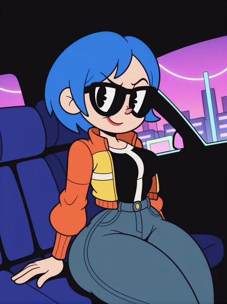 RetroXL, toon \(style\), flat color, black eyes,
1girl, sitting inside a car, cyberpunk clothes, multicolored clothes, jacket, sunglasses, blue hair, pants, curvy, medium breasts, narrow waist, wide hips, thick thighs, neon lights, looking at viewer, cowboy shot, dynamic pose, smile, cute, wide shot, solo, dutch angle,
<lora:RetroToonXL_Style-10-IL:1>