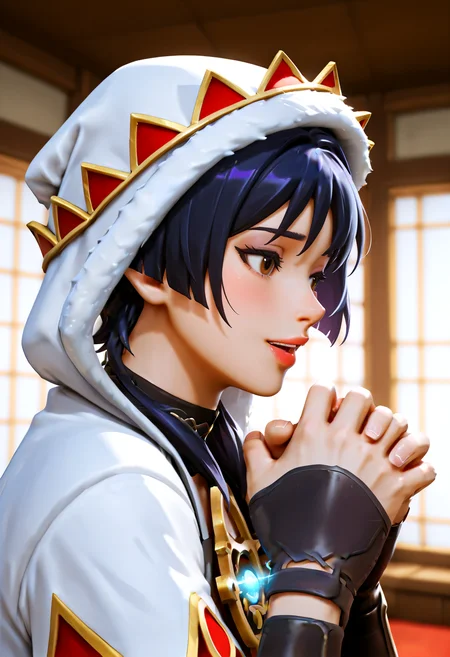 IllustriousQual <lora:StS-Illustrious-Detail-Slider-v1.0:2> <lora:cfg_scale_boost:0.3> <lora:Tinseltoes_IL_-_V1:1> TinseltoesIL, elf hat, black hair, twin braids, brown eyes,detailed_background,indoors,fur trim,fingernails,eyeshadow,looking to the side,highres,white hood,red eyeliner,purple hair,half-closed eyes,eyelashes,scaramouche \(genshin impact\),solo,eyeliner,fur-trimmed hood,hood up,purple eyes,makeup,red eyeshadow,from side,own hands together,hood,parted lips,1boy,purple pupils,hag \(hag 015\),pink lips,blunt ends,profile,genshin impact,male focus