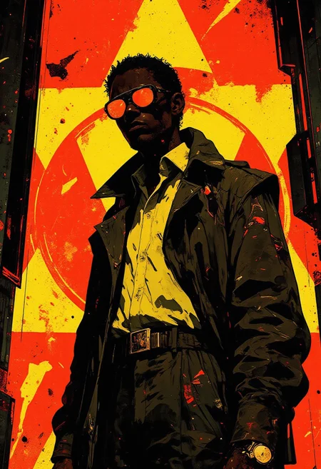 A bold, high-contrast composition features a stylized silhouette of a figure in pure black, sharply defined against a background of intense crimson and electric yellow. The figure wears a loose-fitting, high-waisted suit in deep black with jagged, angular edges, layered over a stark yellow shirt. Their face is partially obscured by oversized, sharply geometric sunglasses in glowing red, adding a mysterious and futuristic element. The background is a dynamic arrangement of large, intersecting triangular forms in crimson and yellow, creating an almost blinding visual intensity. The entire frame is constructed using only these three colors—black, crimson, and electric yellow—maximizing contrast and impact. The left and right sections of the image contain fragmented, high-contrast geometric cutouts, echoing the figure’s sharp silhouette. The composition is a fusion of abstract minimalism and graphic intensity, relying on extreme color contrast and bold shapes to create a visually striking, modern aesthetic. in the style of cksc,