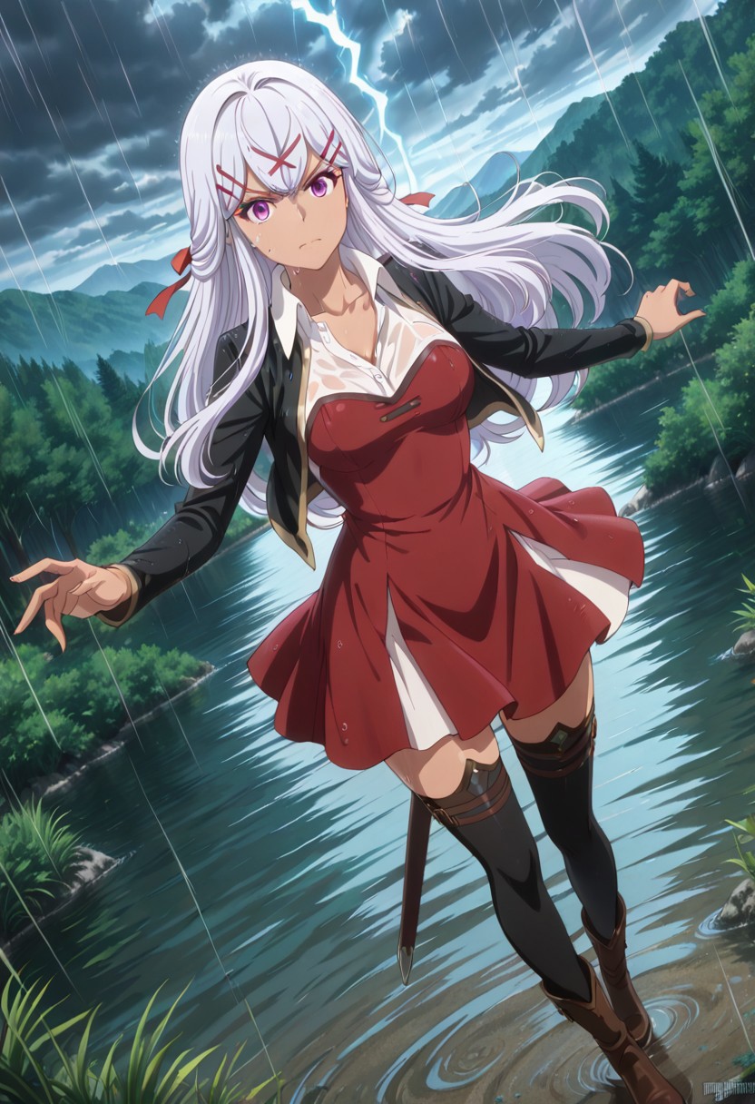score_9, score_8_up, score_7_up, dynamic view, eye_focus, solo, looking_at_viewer, 1girl, 
masterpiece, best quality, bokeh, luminescent background,
(yulishia,  dark-skinned female, white hair, long hair, hair between eyes, bangs,  purple eyes, hair ornament, hairclip, x hair ornament, hair ribbon, red ribbon, medium breasts,   black jacked, white shirt, collared shirt, wing collar, long sleevs, red dress,  dress skirt, red skirt, black thighhighs, brown boots, scabbard, sword in scabbard, sword,
 ),
outdoors, storm, (rain:1.2), cloudy sky, dark clouds, lightning, wind, spread arms, outstretched arms, full body, dutch angle, cleavage, , scenery, mountainous horizon, wet clothes, wet, wet hair, looking at viewer, wet dress, see-through dress, v-shaped eyebrows, closed mouth
