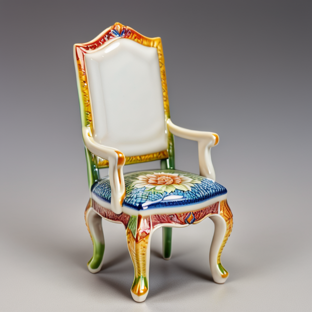 A beautifully crafted colorful ceramic and porcelain figurine of a chair, colorful HDR background <lora:CeramicXL_LoRA:1>