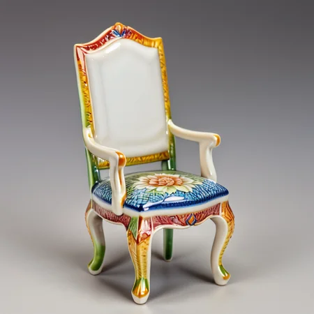 A beautifully crafted colorful ceramic and porcelain figurine of a chair, colorful HDR background <lora:CeramicXL_LoRA:1>
